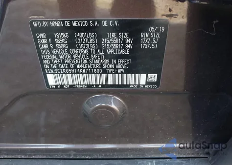 2019 Honda Hr-V Ex-L z USA, uszkodzony, nr VIN 3CZRU5H74KM717800